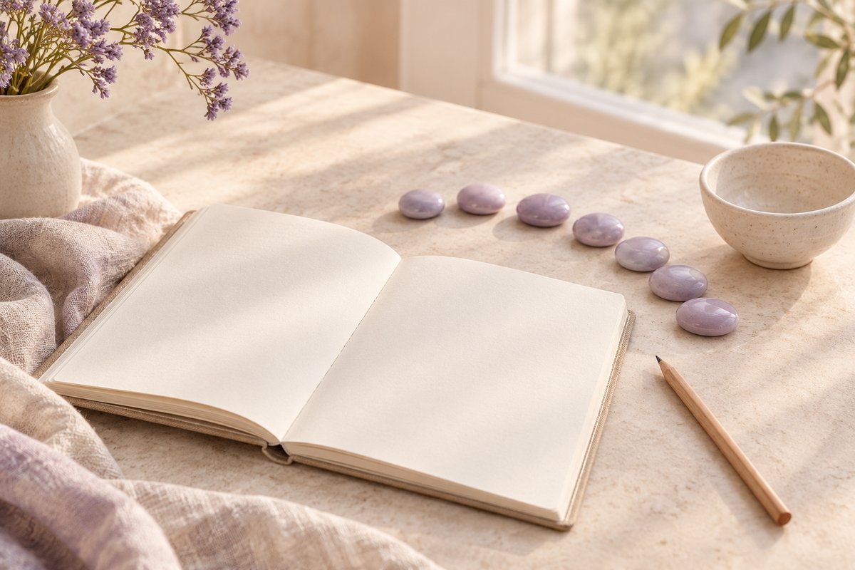 A blank ivory journal and wooden pencil beside seven lavender ceramic pebbles and a cream bowl on a sunlit stone desk.