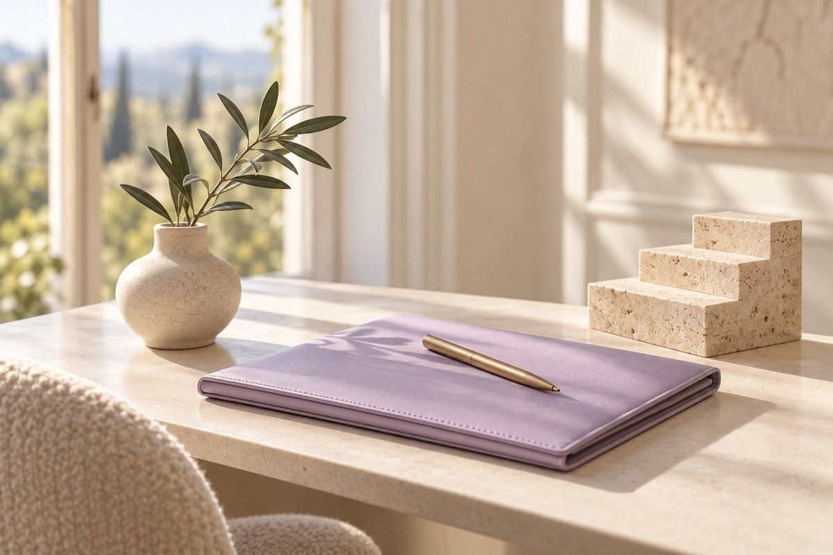 A lavender portfolio and brass pen beside three small stone steps and an olive sprig on a sunlit cream desk.