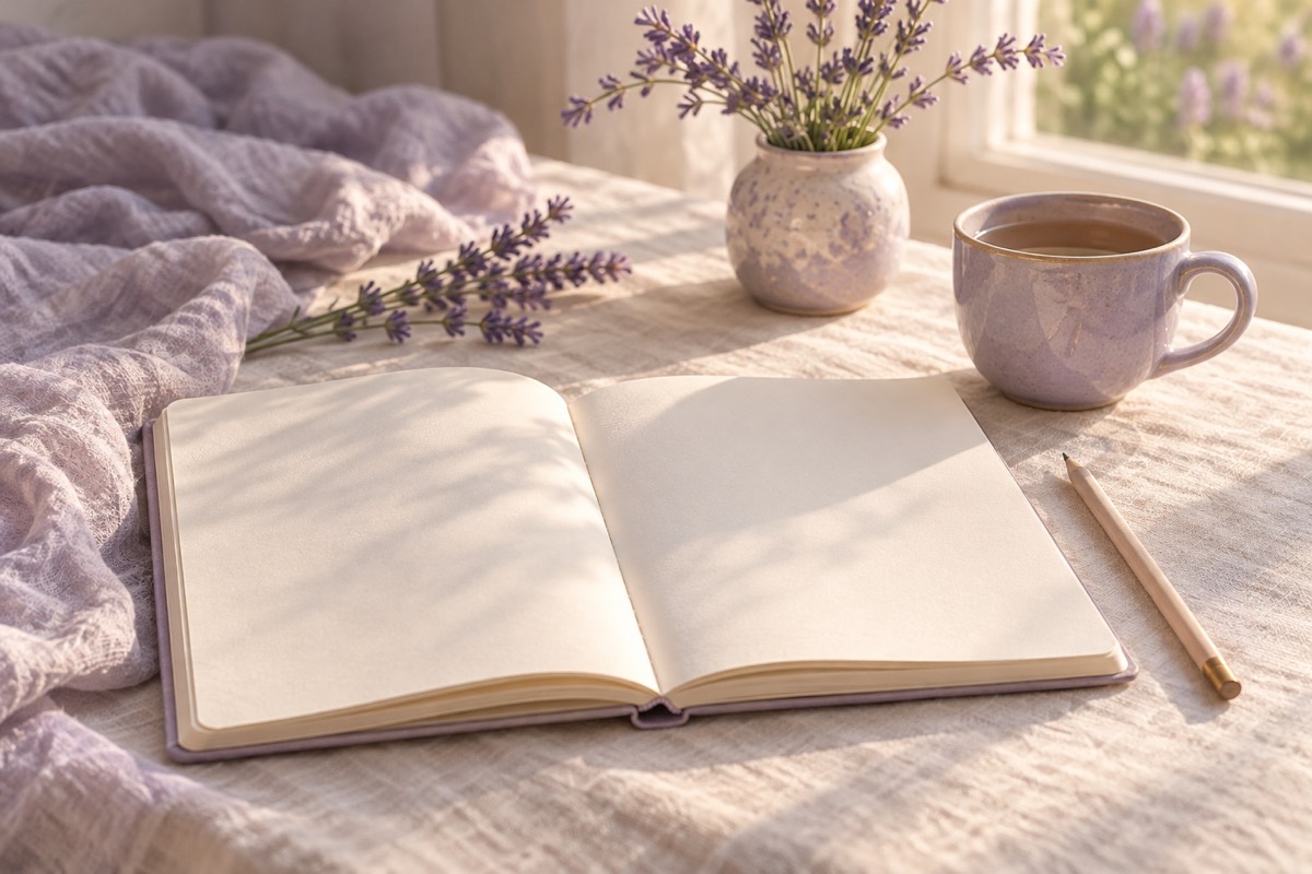 An open blank journal and pencil beside a lavender cup and flowers on cream linen in soft window light.