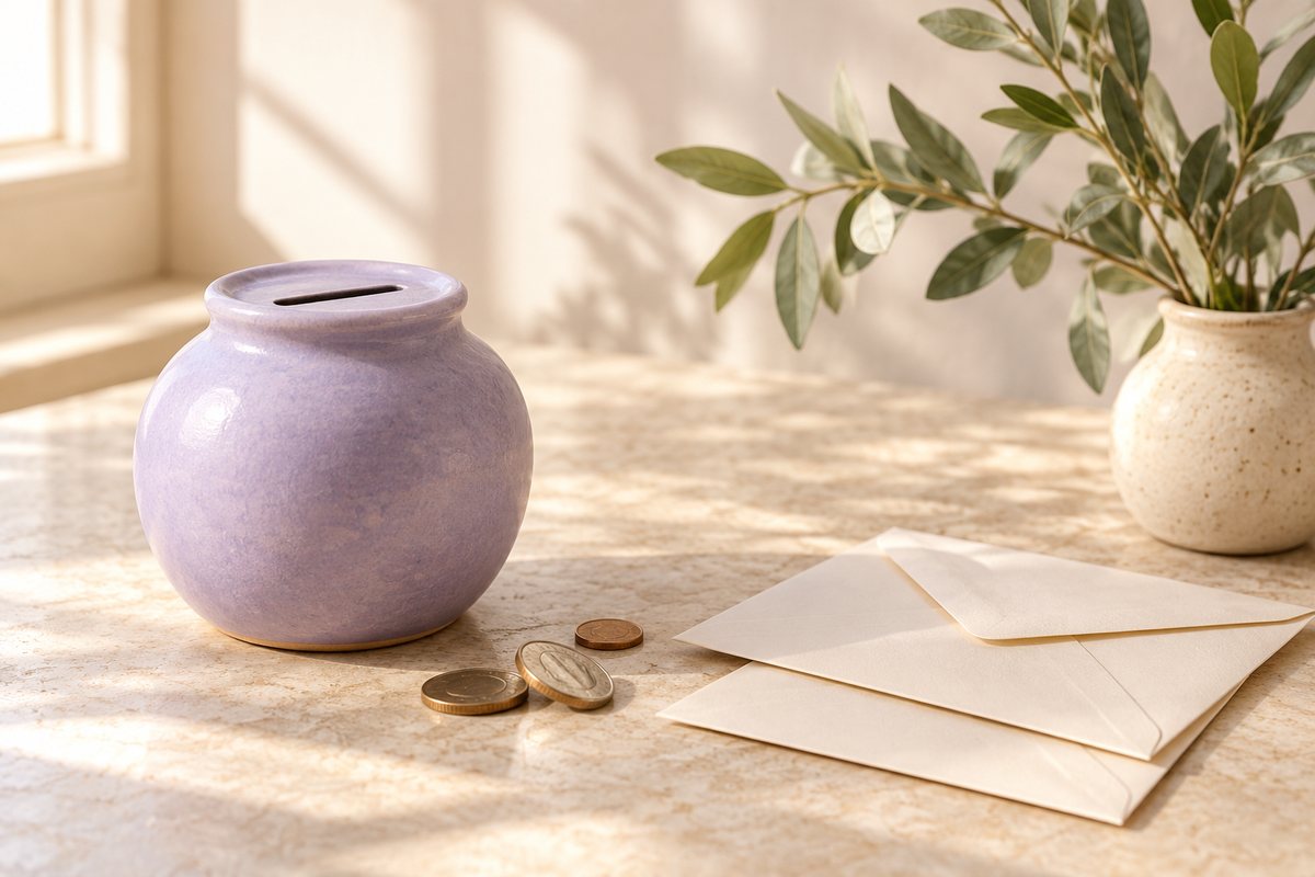 A lavender ceramic savings jar, a few coins, and two cream envelopes beside a leafy branch on a sunlit stone table.