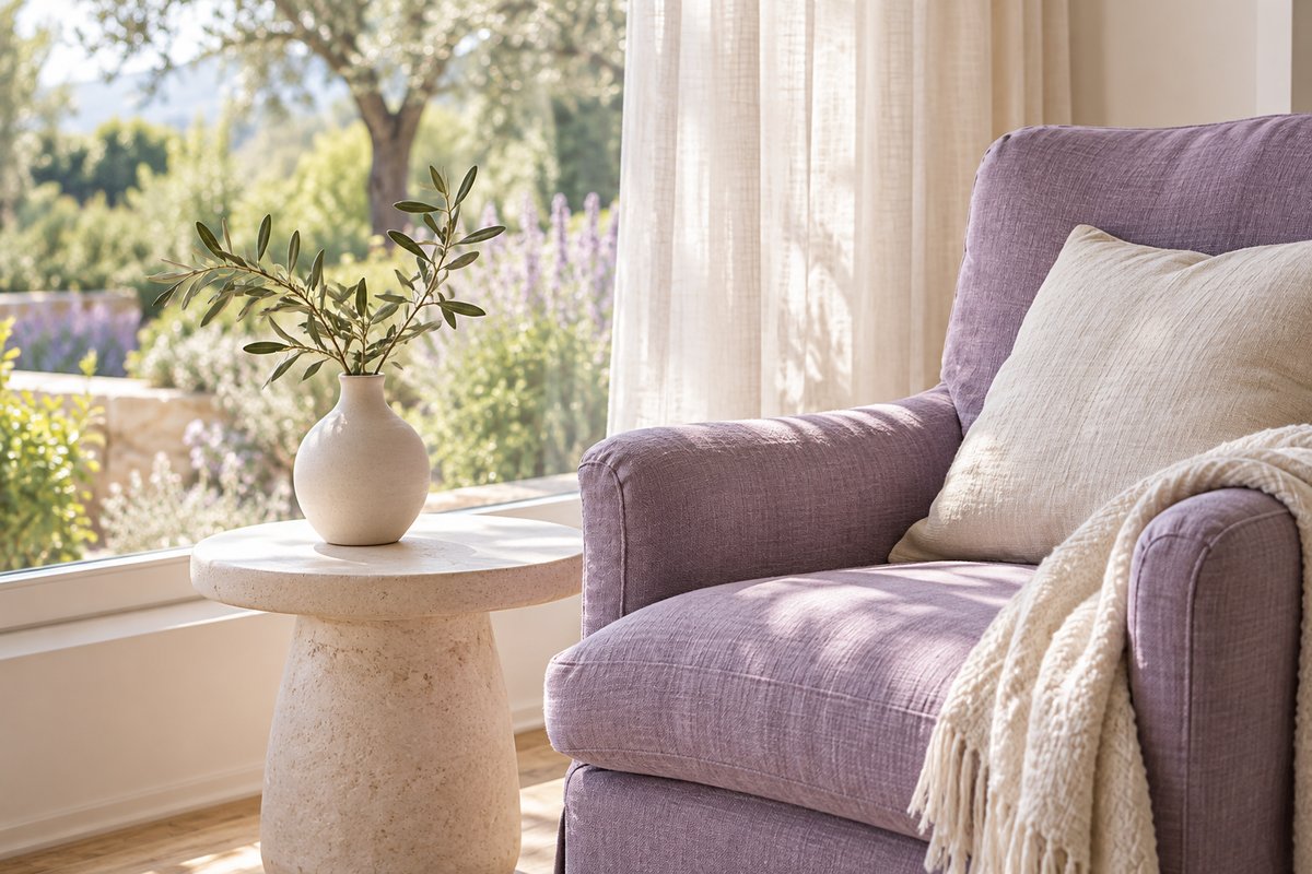 A lavender armchair with a cream cushion and throw beside a stone table and olive branch, overlooking a softly lit garden.