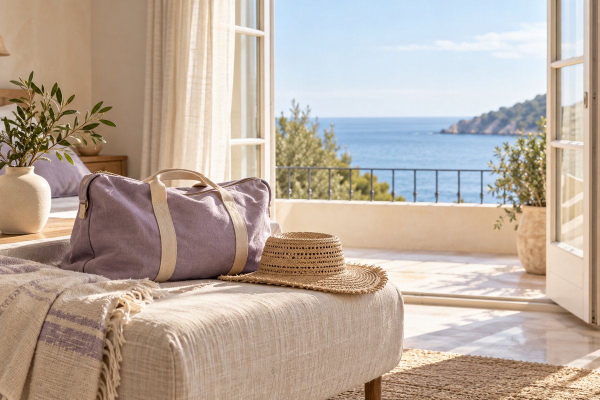 A lavender weekender bag and straw sunhat on a cream linen bench beside open doors overlooking a calm blue sea.