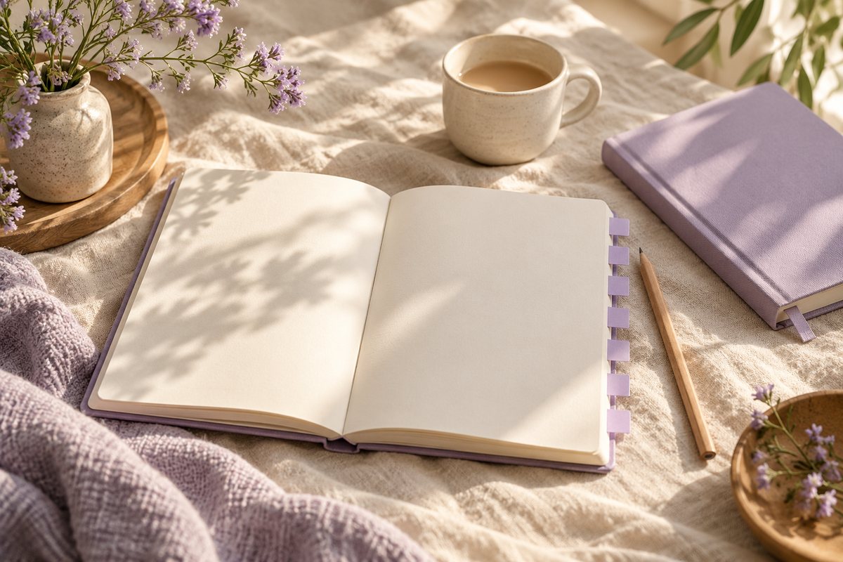 An open cream notebook with lavender tabs, a pencil, a ceramic cup, and a lavender journal on sunlit linen.